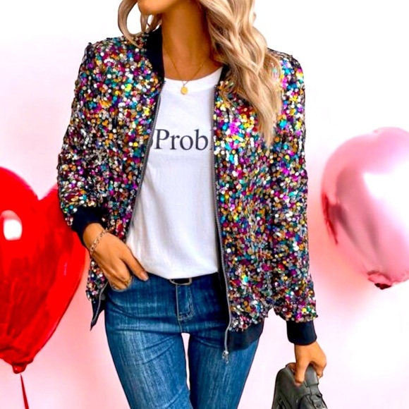 CRESAY Multi Colored Sequined Bomber Jacket Size X-Large Black NWT Hollywood!! - Picture 14 of 14